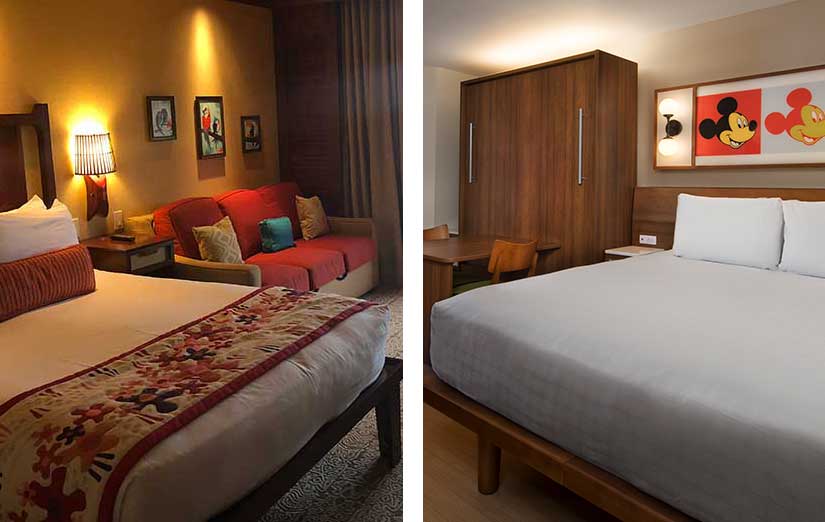 Splt screen view of a Polynesian resort room on the left and a Pop Century resort room on the right