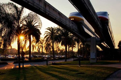 View from the ground looking up at two monorails with sun setting in the background.