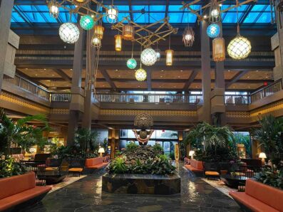 View of the Polynesian lobby with tiki statue in the center