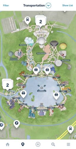 My Disney Experience App displaying transportation options at Epcot.