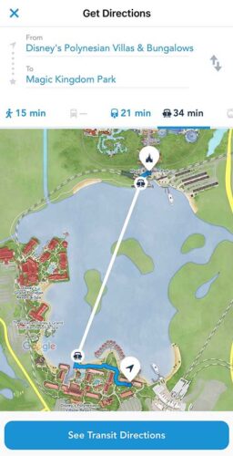 My Disney Experience displaying how to get to Magic Kingdom from the Polynesian.