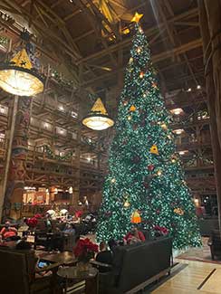 View of a Christmas Tree in the Wilderness Lodge lobby.