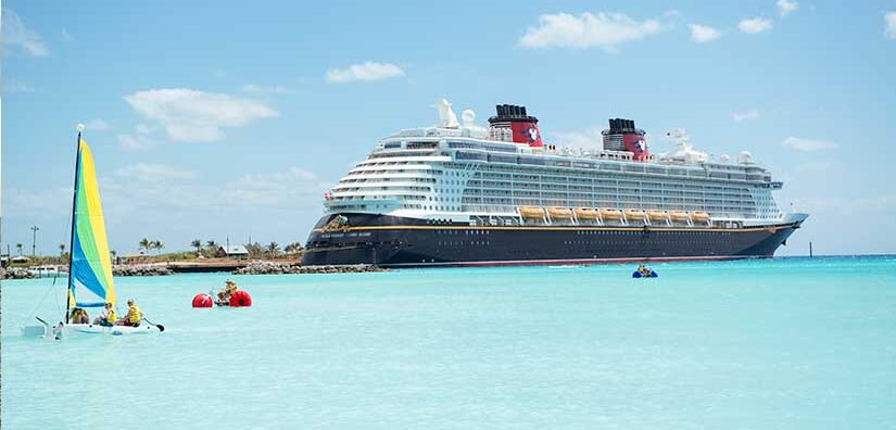 View of the Disney Fantasy moored at Castaway Cay