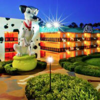 View of the All Stars Movies resort with a giant Dalmatian in the courtyard