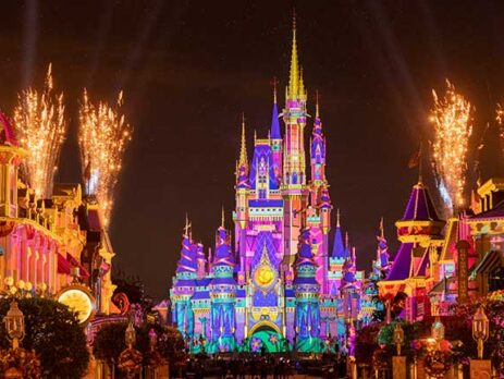 View of Cinderella Castle from Main Street during fireworks