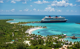 View of a Disney Cruise ship docked at Castaway Cay.