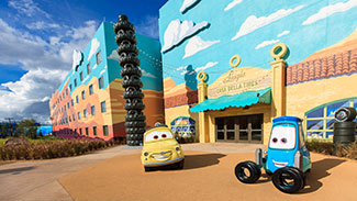 View of the exterior of the Cars building at Disney's Art of Animation resort