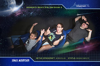 A Memory Maker ride photo of a family riding Space Mountain